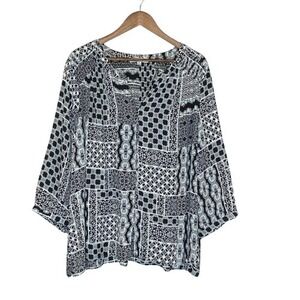 Rose & Olive Womens Popover Blouse Top Size 3X Black White Floral Geometric Boho
